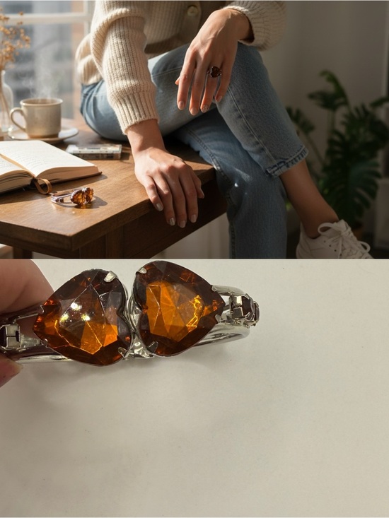 Accessories - Vintage Amber Heart Rhinestone Hinged Bracelet – Silver Tone Statement Cuff
